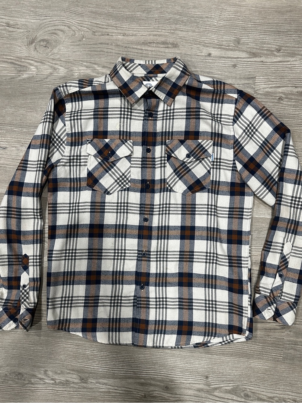 Hurley White Plaid Button-Down Shirt with Navy & Brown Stripes